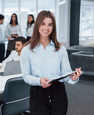 Woman with Folder: Representing software development service.